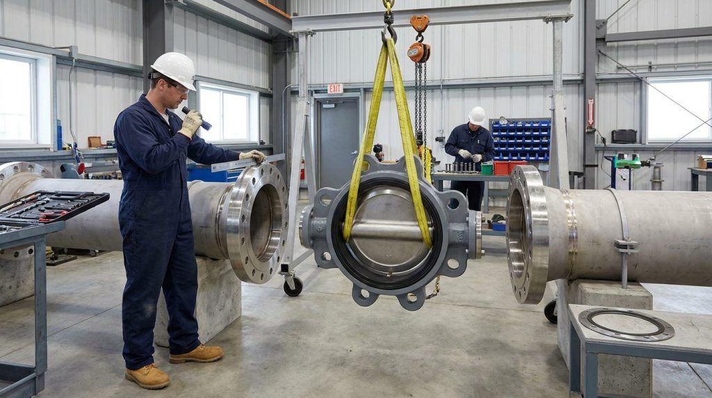 Technician checking butterfly valve flange alignment and disc clearance before installation