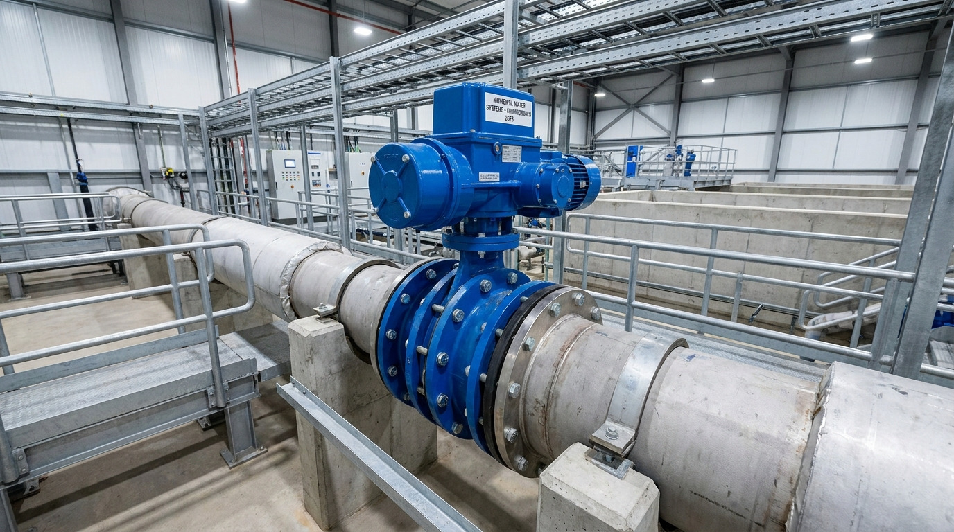 butterfly valve installation guidelines for reliable valve setup in a municipal water pipeline environment, showing a large butterfly valve installed between aligned flanges with actuator