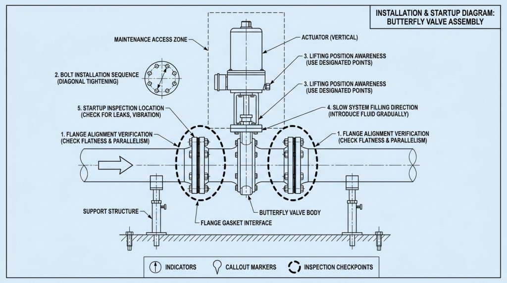 A butterfly valve installation area showing the valve positioned between aligned flanges with actuator access, pipe supports, gasket interfaces, and inspection points highlighted for correct startup preparation.