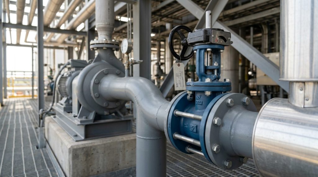 Butterfly valve installed close to a pipe elbow and reducer showing how upstream fittings distort flow into the disc