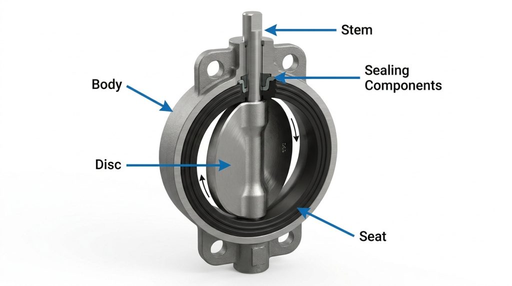 Cross-section technical view of a butterfly valve showing the disc, stem, seat, body housing, and sealing components inside the valve assembly