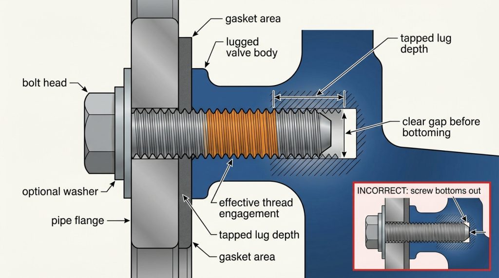 Cutaway view of a cap screw passing through a pipe flange and engaging the threaded lug of a butterfly valve without bottoming out.