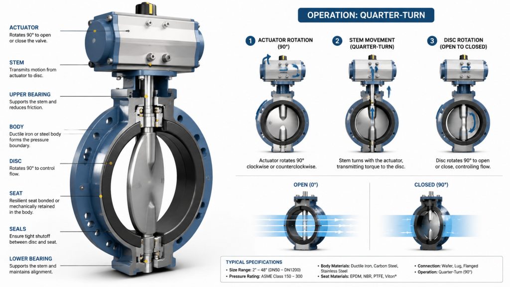 Butterfly valve assembly components including body, disc, stem, seat, seals, bearings, and actuator arranged to show their functional relationship.