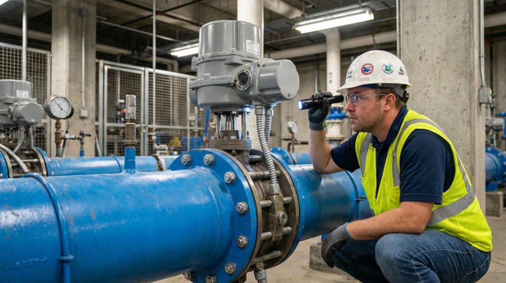 butterfly valve inspection showing an actuator-mounted valve on a pipeline with visible access points for checking seats, discs, stems, and external connections.