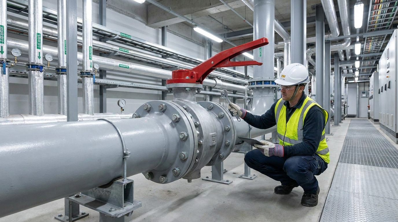 butterfly valve maintenance in an industrial piping system with a butterfly valve installed in a process facility, showing the valve body, actuator, connected pipes, and a realistic operating environment.