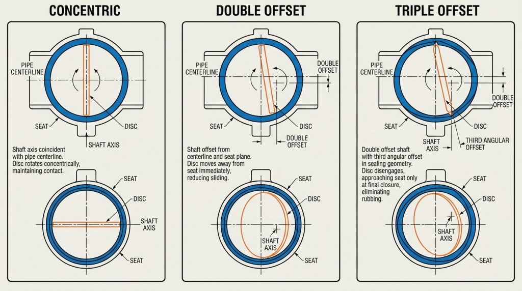 Side-by-side valve geometry showing a concentric shaft position, a double-offset shaft displaced from the seat and pipe centerlines, and a triple-offset sealing geometry with the disc moving away from the seat during opening.