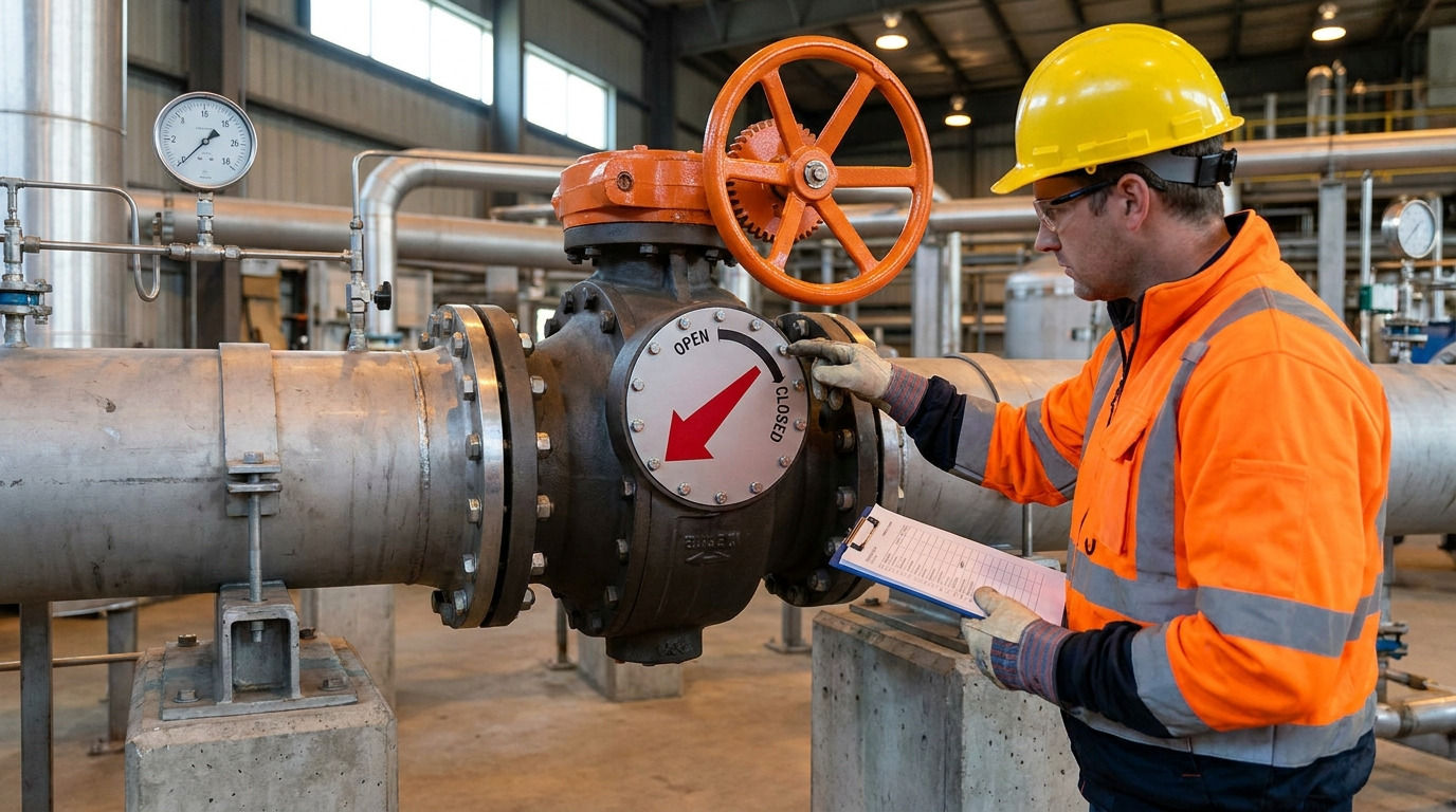 Industrial pipeline butterfly valve showing butterfly valve open and closed position while an engineer checks the handle and position indicator