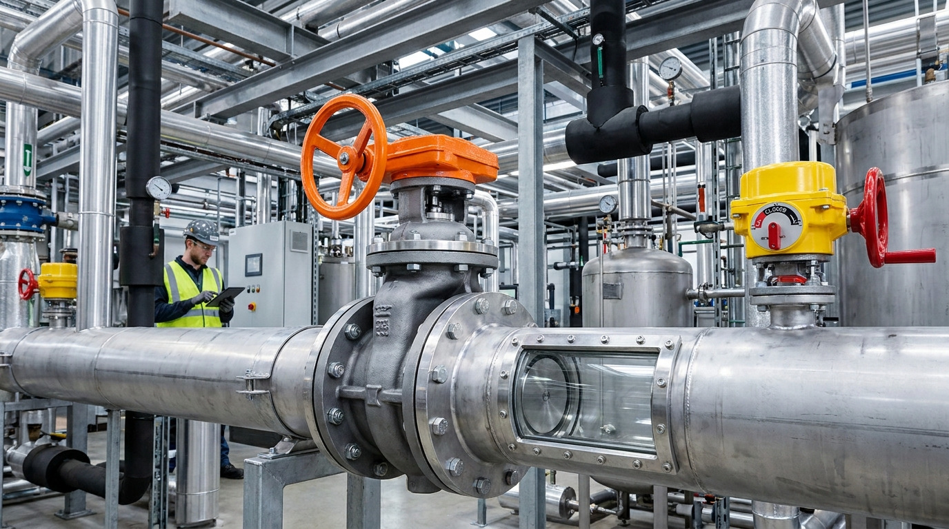 A photorealistic industrial butterfly valve showing the butterfly valve open and closed position in a large-scale pipeline system, with an operator inspecting the valve status in a modern processing facility.
