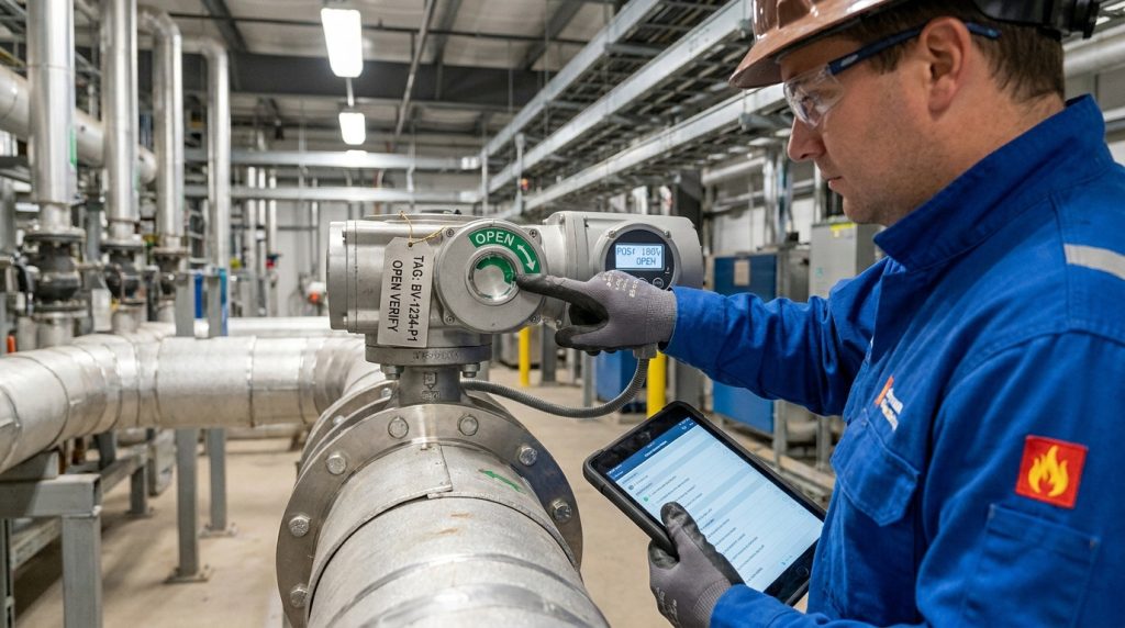 Operator confirming a butterfly valve open position by checking the valve tag, local pointer, actuator feedback, and process response.