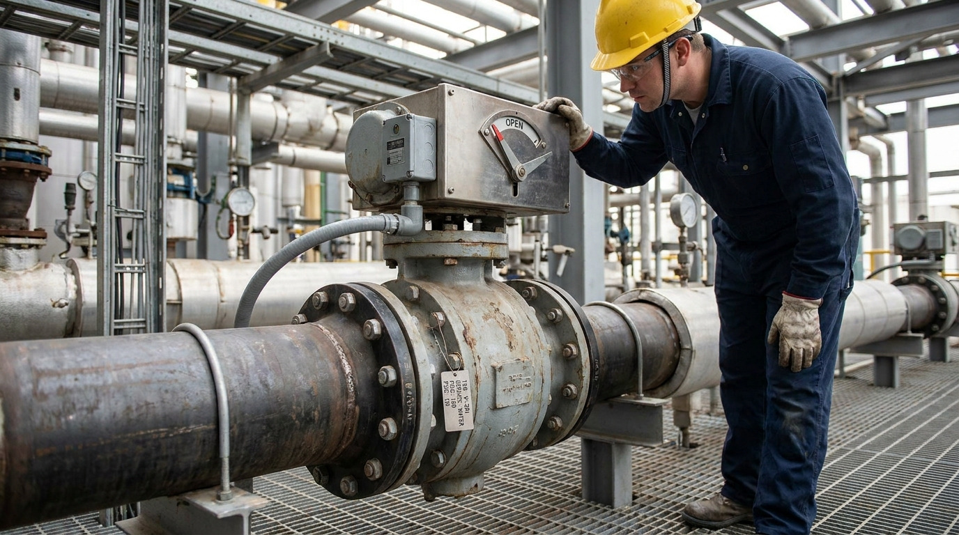 Technician checking the butterfly valve open position on an industrial pipeline with the local indicator, stem mark, and actuator feedback visible.