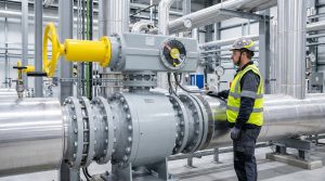 Photorealistic industrial butterfly valve open position inspection showing a large butterfly valve installed in a pipeline system, with the handle aligned parallel to the pipe and an operator verifying valve status in a modern facility.