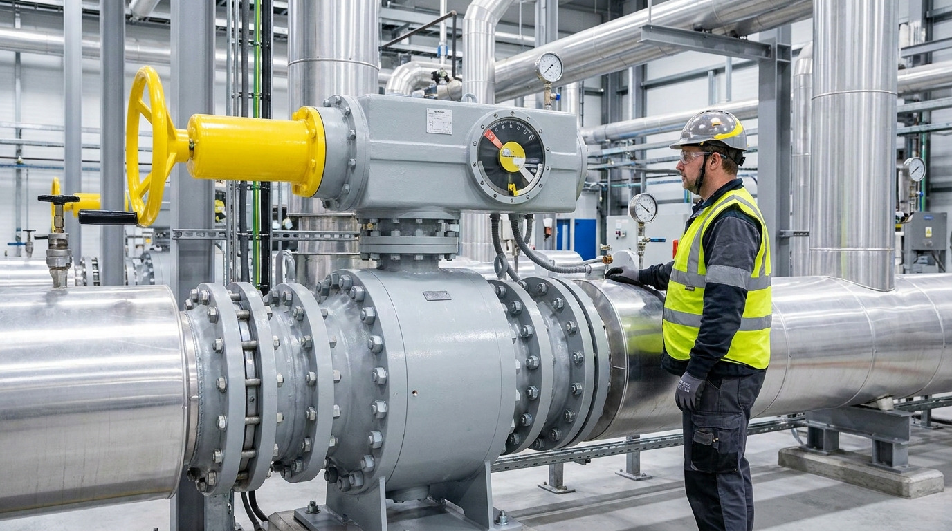 Photorealistic industrial butterfly valve open position inspection showing a large butterfly valve installed in a pipeline system, with the handle aligned parallel to the pipe and an operator verifying valve status in a modern facility.