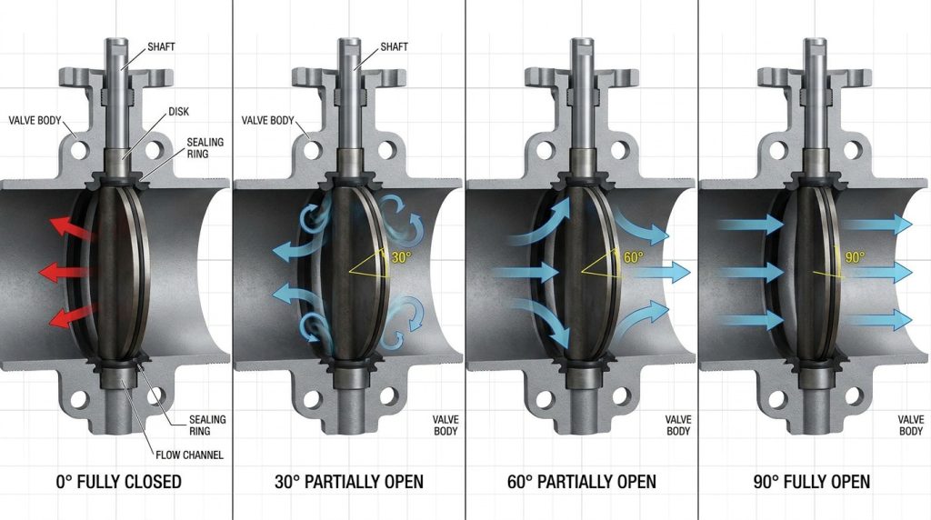 Technical illustration of a butterfly valve showing how disk rotation angles change the internal flow path and fluid resistance from closed to fully open positions.