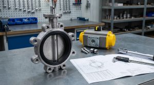 Photorealistic butterfly valve parts diagram scene showing a cutaway butterfly valve beside its data sheet and actuator assembly on an industrial workbench