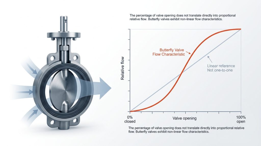 Conceptual comparison chart showing that butterfly valve percent open does not increase flow in a straight one-to-one line.