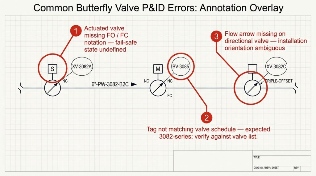 Annotated P&ID excerpt highlighting common butterfly valve drawing errors such as missing fail position and mismatched tag