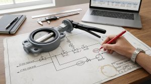 Engineer reviewing a butterfly valve P&ID design drawing on a desk with an industrial butterfly valve sample nearby