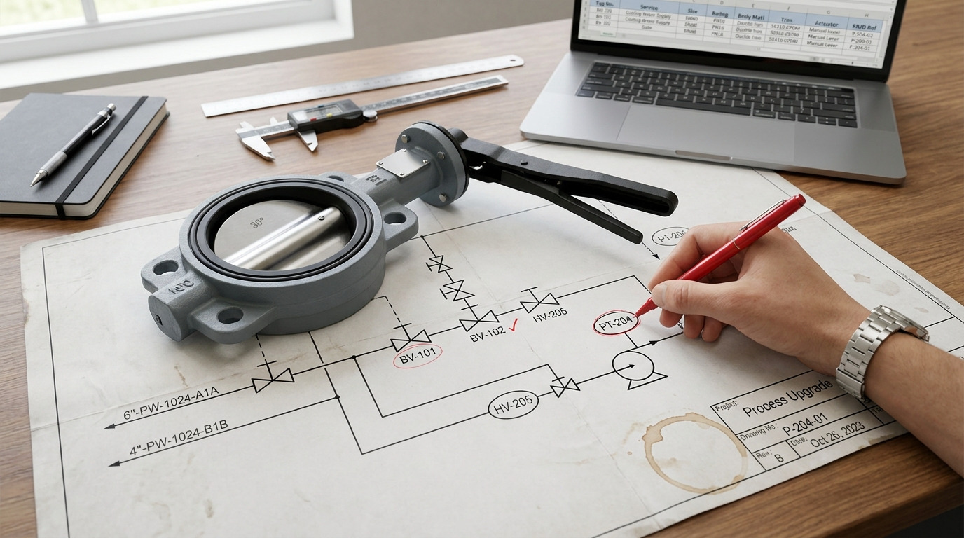 Engineer reviewing a butterfly valve P&ID design drawing on a desk with an industrial butterfly valve sample nearby