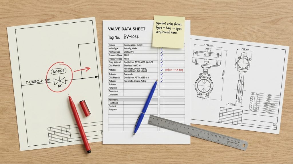 Butterfly valve datasheet and manufacturer drawing placed next to a P&ID excerpt highlighting what the symbol cannot confirm