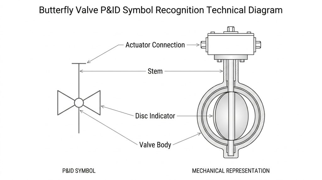 butterfly valve P&ID symbol with valve body mark, disc indicator, stem and actuator connection elements arranged in a simplified engineering drawing view