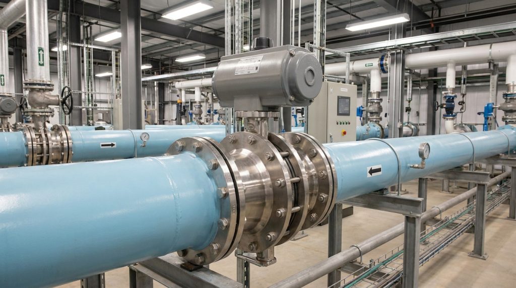 Industrial piping layout around a butterfly valve showing smooth transitions and proper installation practices
