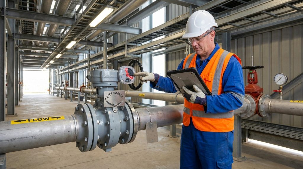 Maintenance technician checking the butterfly valve handle direction, position plate, and mechanical travel stop in the field