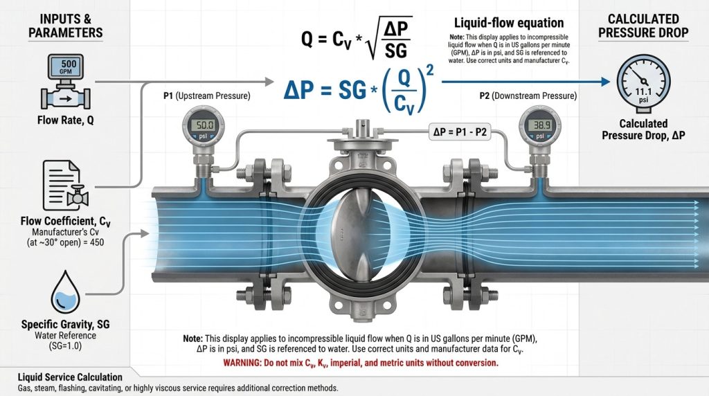 Engineering calculation workflow for butterfly valve pressure drop using flow rate, Cv value, and fluid properties