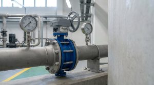 Industrial butterfly valve installed on a large-diameter water pipeline with pressure gauges upstream and downstream, illustrating butterfly valve pressure drop in a real piping system.