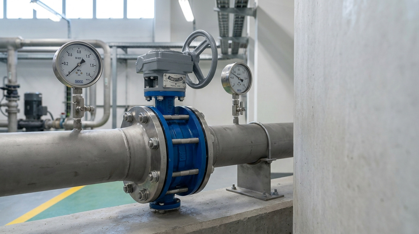 Industrial butterfly valve installed on a large-diameter water pipeline with pressure gauges upstream and downstream, illustrating butterfly valve pressure drop in a real piping system.