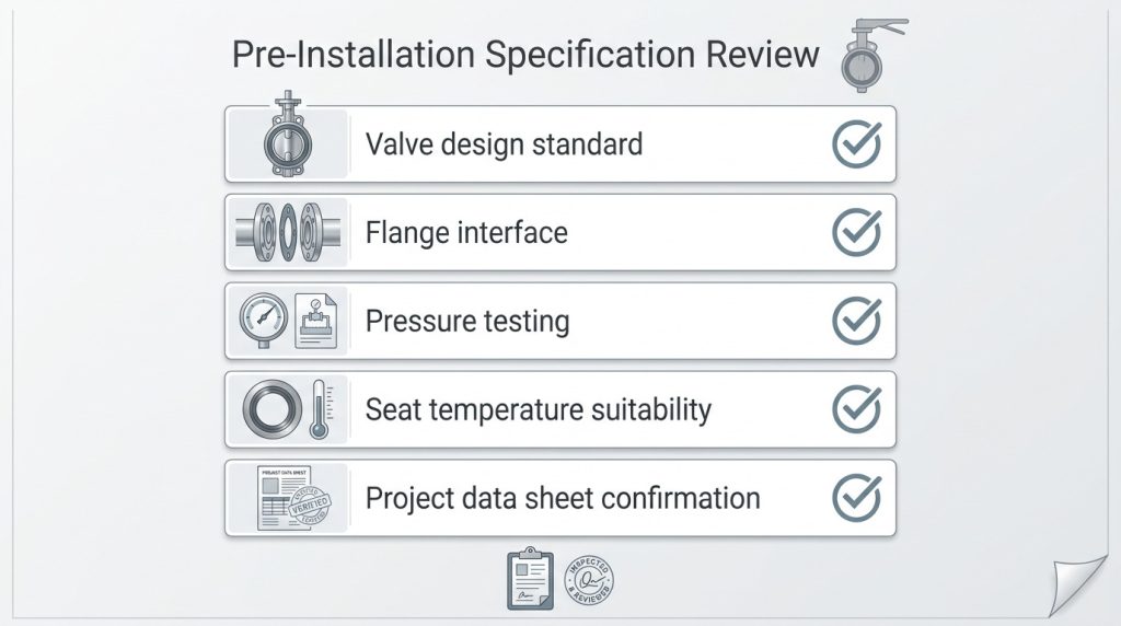 Simplified checklist graphic for confirming valve pressure rating, flange standard, seat material, and test standard before installation.