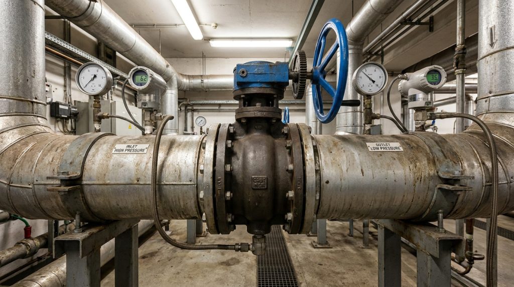Industrial butterfly valve with upstream and downstream pressure measurement points showing how pressure loss affects pipeline performance