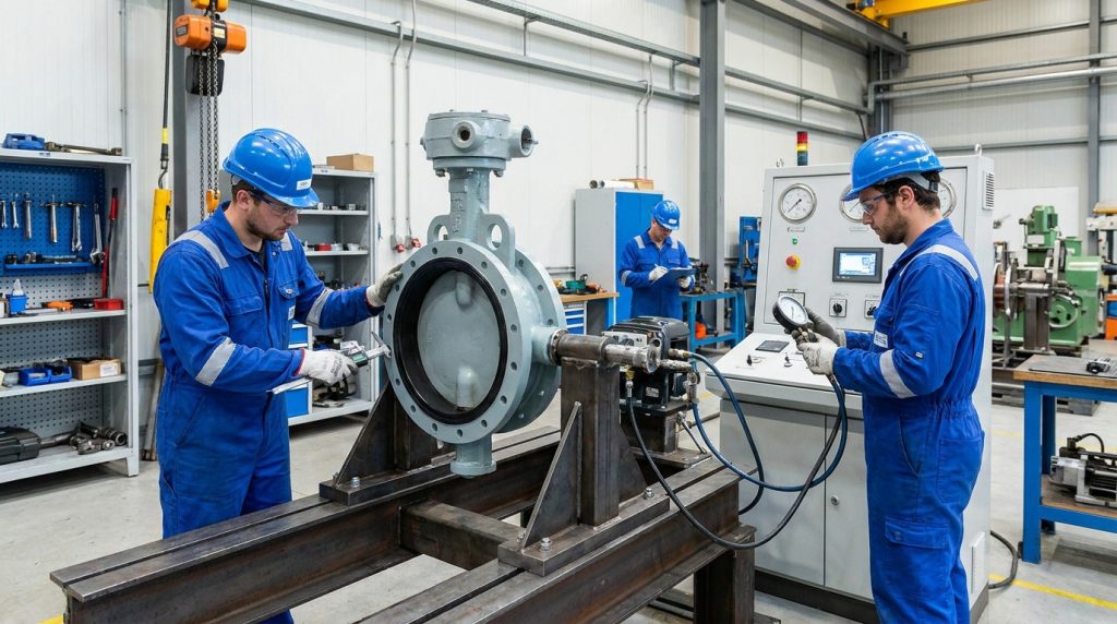 Technician performing hydrostatic and dimensional quality checks on a completed butterfly valve in an industrial testing area