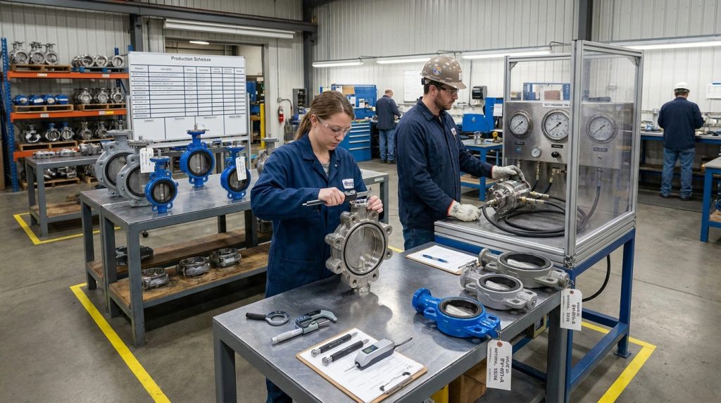 Quality control engineer performing inspection of industrial butterfly valves using testing equipment in a valve workshop.