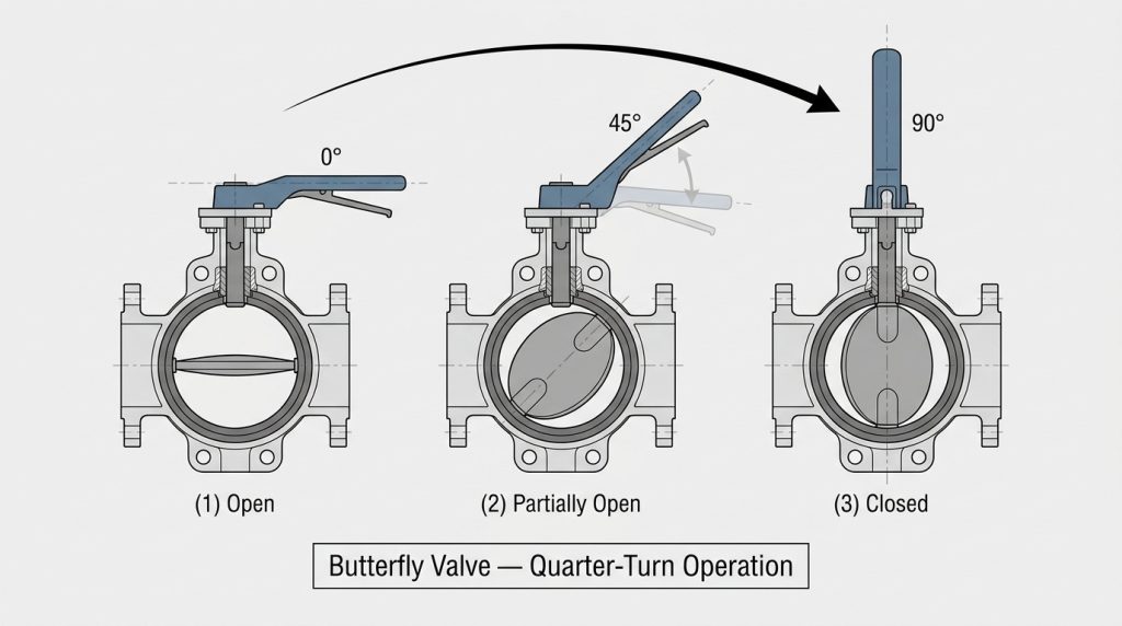 Quarter-turn butterfly valve handle showing open, partially open, and closed disc positions
