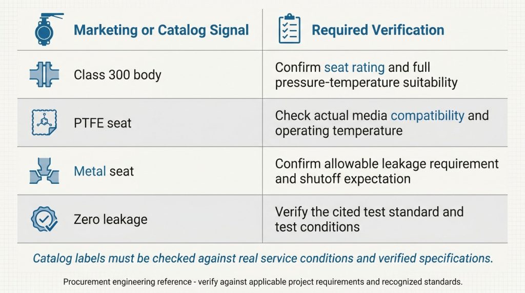 Comparison chart showing why labels like Class 300, PTFE seat, zero leakage, and high performance need verification against actual service conditions.