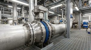 Butterfly valve seals used in an industrial pipeline system, showing a realistic high-performance butterfly valve with durable sealing components installed in a chemical processing facility