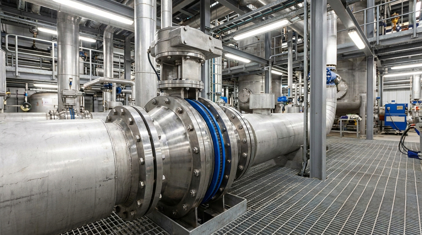 Butterfly valve seals used in an industrial pipeline system, showing a realistic high-performance butterfly valve with durable sealing components installed in a chemical processing facility