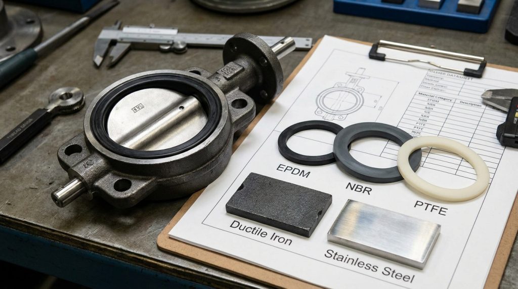 Valve seat and body material samples arranged beside a wafer butterfly valve for material selection review.