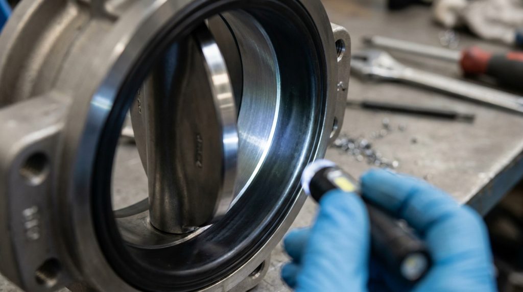 Close-up inspection of a butterfly valve disc edge contacting the resilient seat inside the valve body