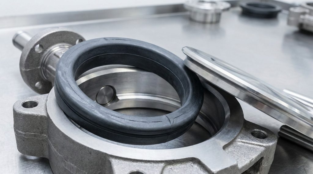 Close-up of butterfly valve seat, disc edge, shaft, and body materials prepared for material compatibility review