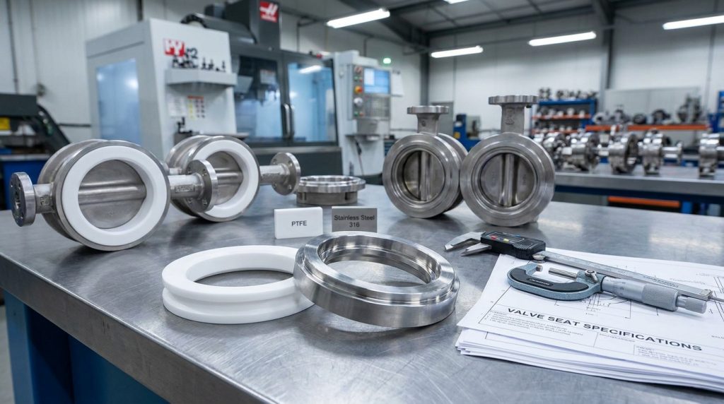 Butterfly valve seat materials including PTFE and metal seat designs used for industrial flow applications