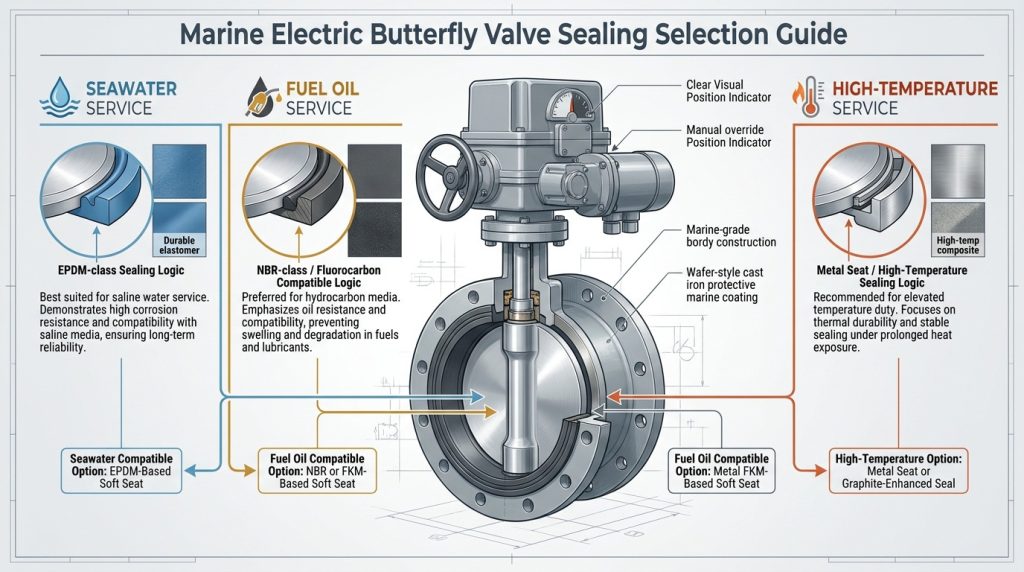 Marine electric butterfly valve selection guide comparing sealing options for seawater, fuel oil, and high-temperature service applications.
