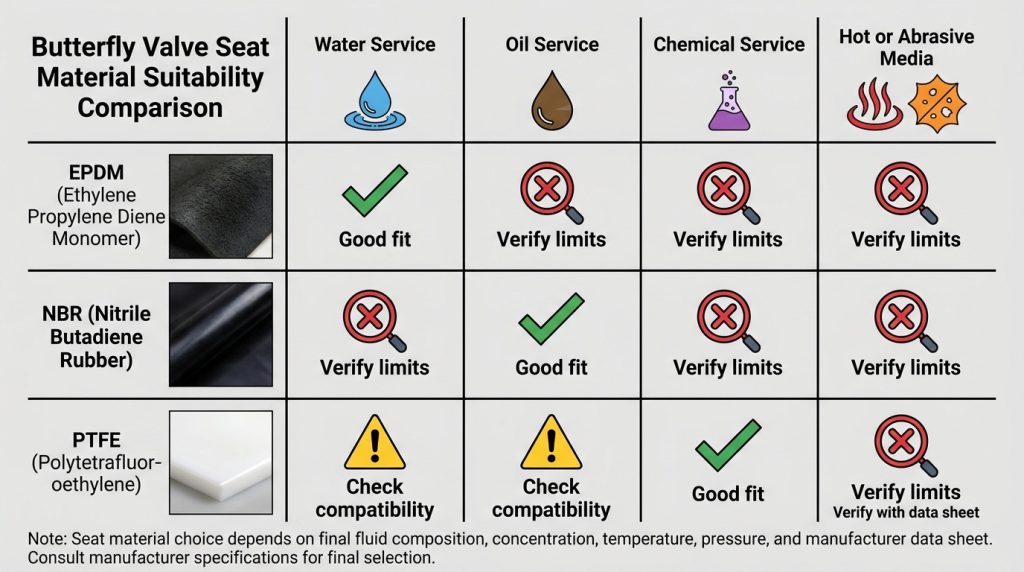 Infographic comparing butterfly valve seat material suitability for water service, oil service, chemical service, and hot or abrasive media.
