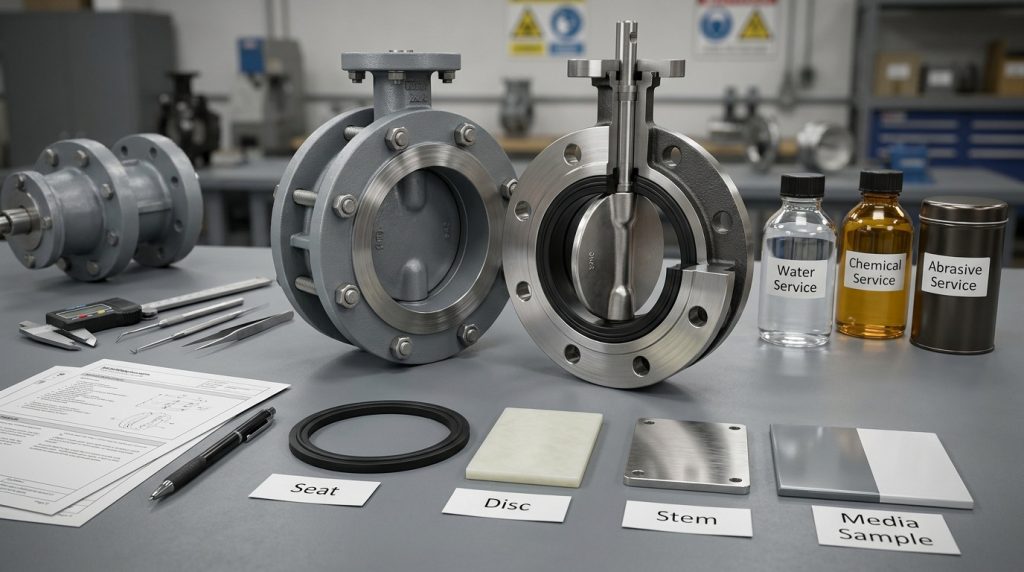 Industrial butterfly valves with different seat and disc material samples arranged beside water, chemical, and abrasive service notes.