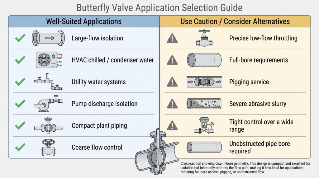 Qualitative comparison chart showing services where butterfly valves fit well and where other valve types may be better