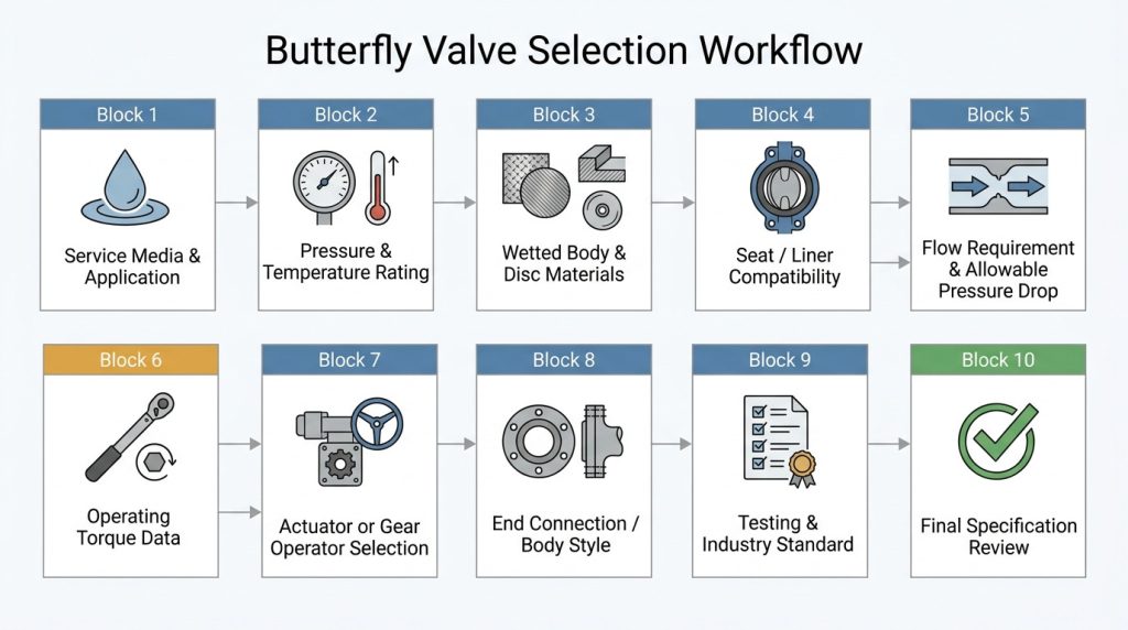 Butterfly valve selection workflow covering media, pressure, temperature, materials, flow, torque, actuator, and standards