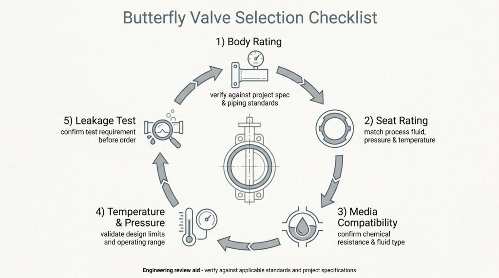 Infographic showing that valve body rating, seat rating, media compatibility, leakage test, and operating temperature must be checked together before selecting a butterfly valve.