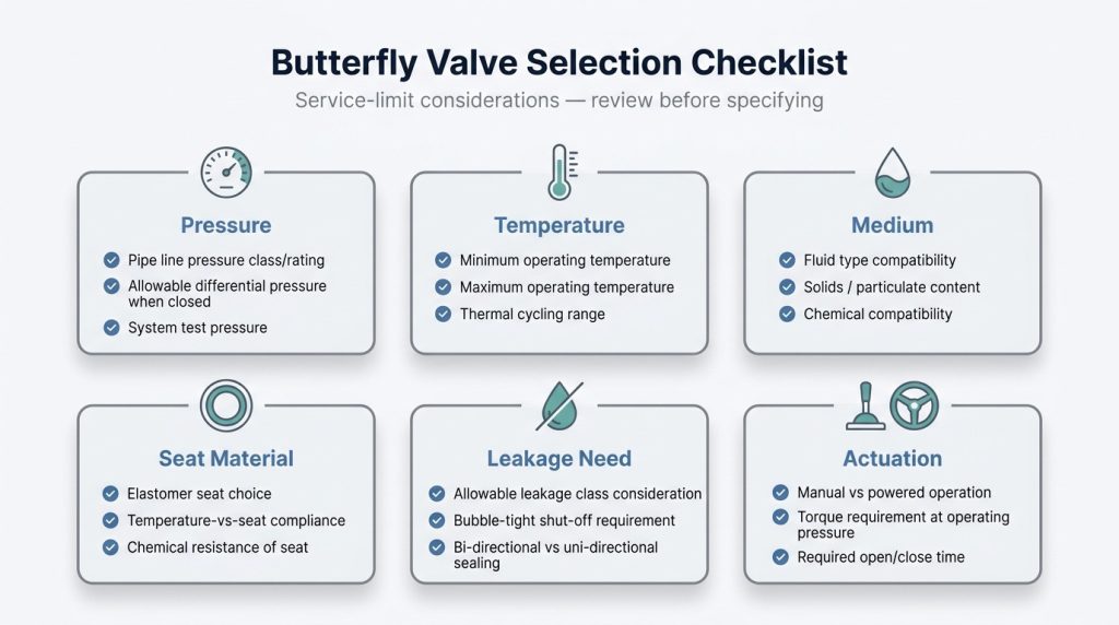 Infographic checklist showing service limits for butterfly valve selection, including pressure, temperature, medium, seat material, leakage need, and actuation.