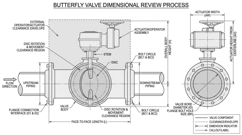 Butterfly valve size chart dimensional review with a valve body diagram showing nominal size reference, face-to-face length, height, flange interface, and actuator clearance areas