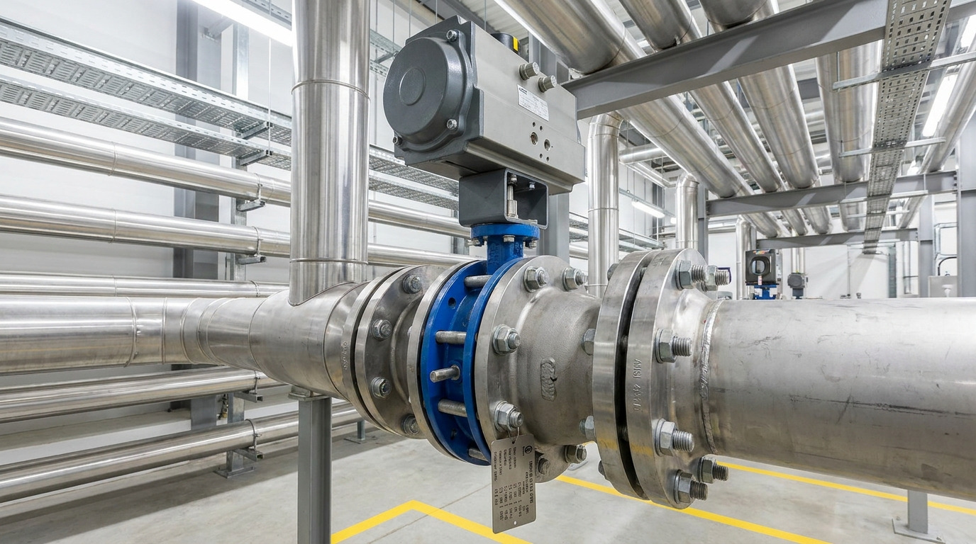butterfly valve size chart showing a butterfly valve assembly in a modern industrial piping environment with flanges, actuator, and surrounding installation space for dimensional evaluation